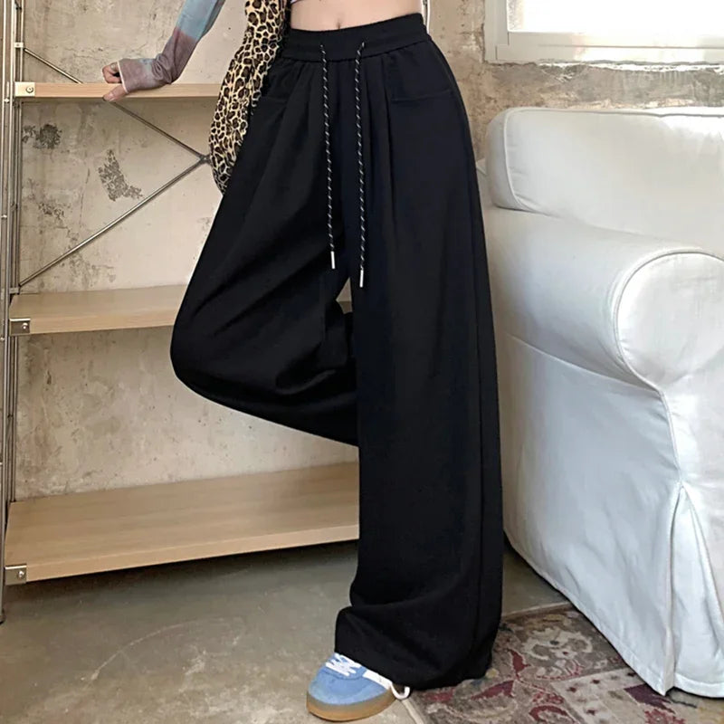 Autumn Women Chic Gray Navy Blue Loose High Waisted Long Pants Lady Korean Style Versatile Drawstring Wide Leg Baggy Trousers