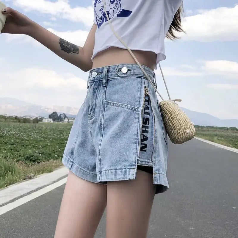 Women's Korean Y2K Black Denim Shorts Summer Thin High Waist A-Line Loose Wide Leg Slimming Hot Pants