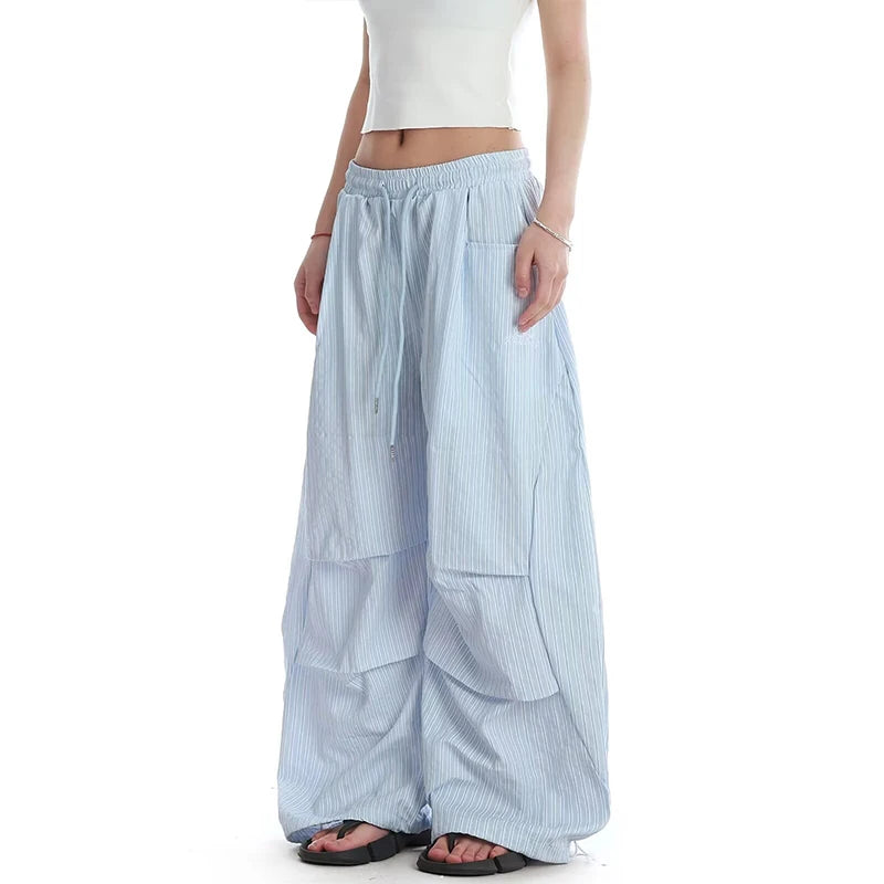 Y2K Striped Pants Contrast Low Waist Wide Leg Straight Floor Length Loose Casual for Women Summer