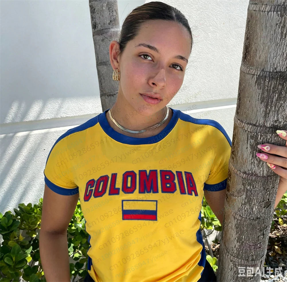 Colombia Y2k Football Jersey O-Neck Fashionable Streetwear Short Sleeved Tee Versatile Casual Top Summer Women'S T-Shirt