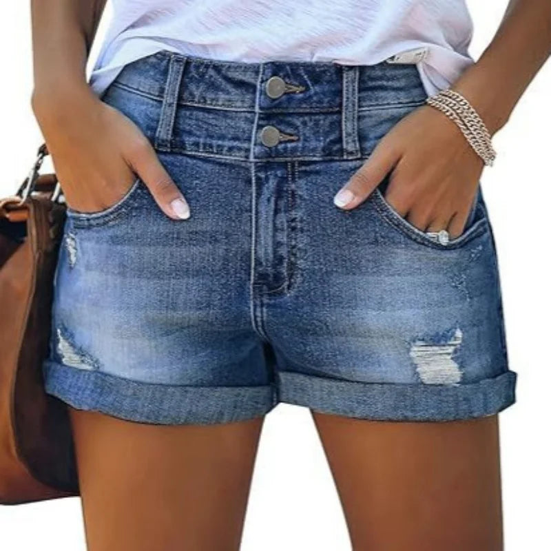 Summer Students Denim Shorts Female Harajuku Hole Jeans Elastic Waist Double Button Pocket Skinny Trousers Short Micro Pants
