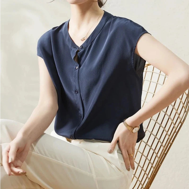 Office Lady Button Simplicity Shirt Tops Short Sleeve Thin Solid Loose Elegant Blouse Summer New Fashion Vintage Women Clothing