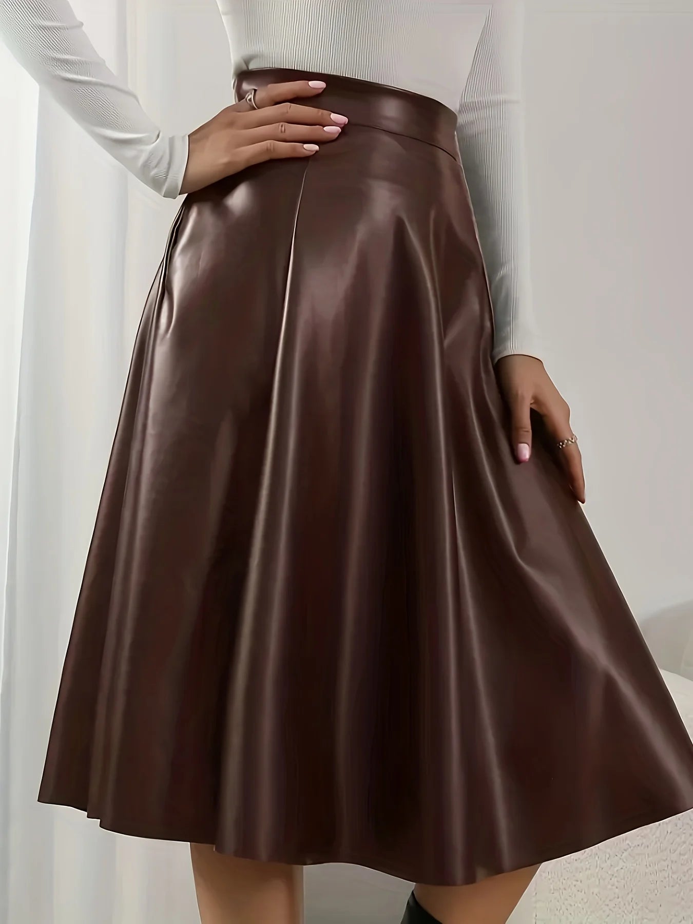 Retro Textured Pu Leather Skirt, High-Waisted A-Line Skirt, Casual and Versatile Women's Clothing