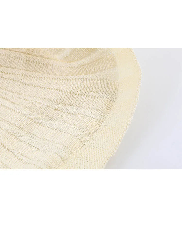 HH Women Summer Spring Minimal Breathable Cream Ribbed Knit Peplum Top Crew Neck Ruffle Flutter Sleeve Slim Fit Casual Knitwear