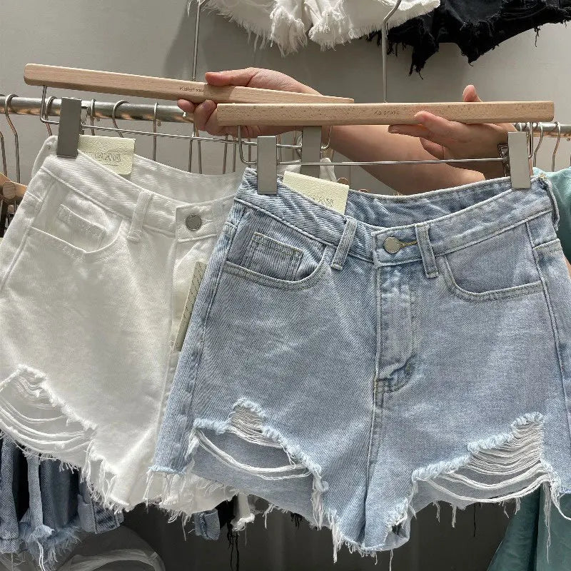 New Rough-edged Denim Shorts Women's Loose A-shaped Ripped Hot Pants High Waisted Shorts Womens Shorts Shorts Shorts for Women