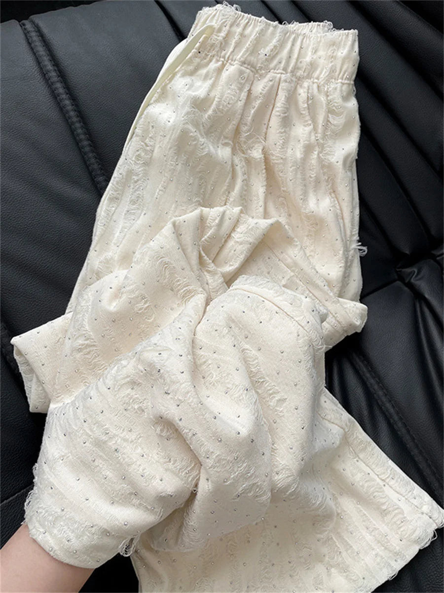 Y2k Streetwear Hot Diamonds Wide-legged Pants Grunge Hole Women Clothing High Waisted Baggy Straight Pants Design Chic Trouser