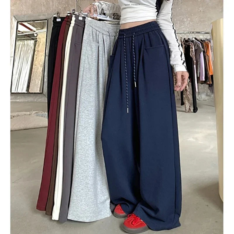 Autumn Women Chic Gray Navy Blue Loose High Waisted Long Pants Lady Korean Style Versatile Drawstring Wide Leg Baggy Trousers