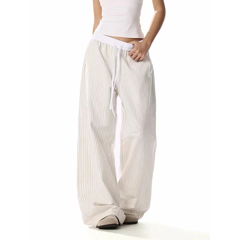 YIBASHU Vintage White Wide Leg Pants Women Y2K Japanese Streetwear Casual Scimitar Pants Harajuku Loose Pockets Straight Trouser