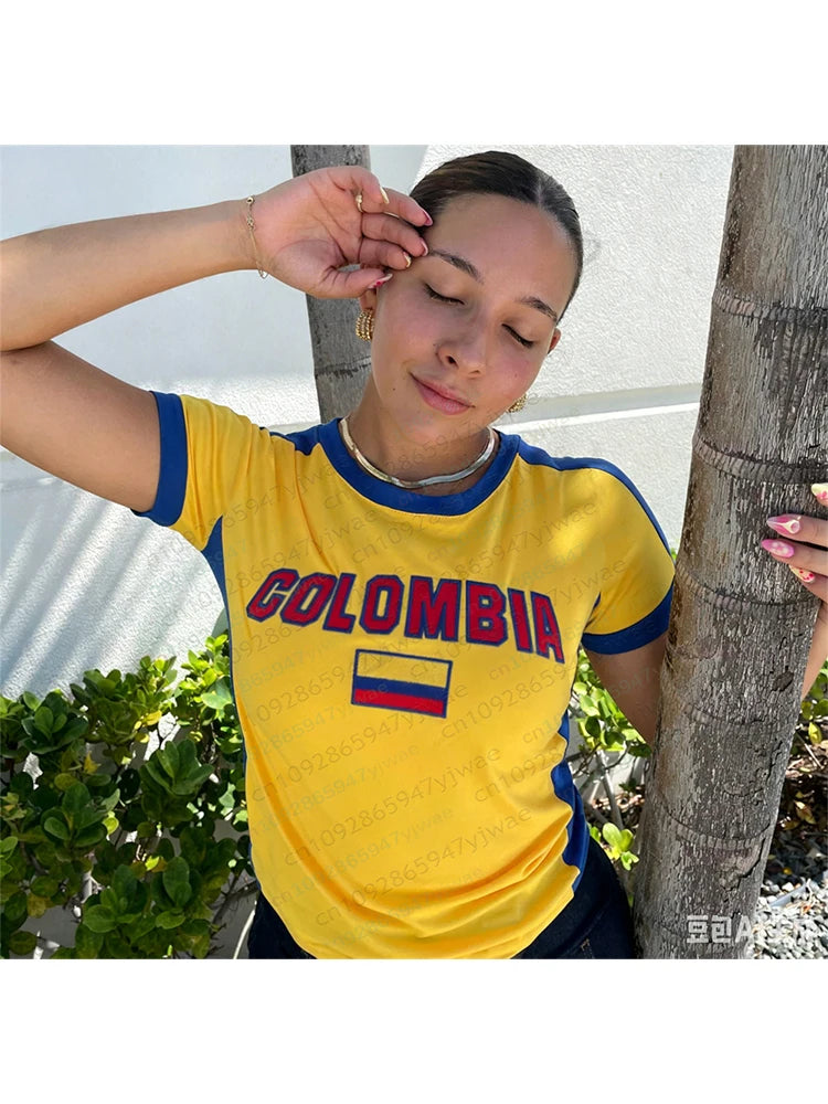 Colombia Y2k Football Jersey O-Neck Fashionable Streetwear Short Sleeved Tee Versatile Casual Top Summer Women'S T-Shirt