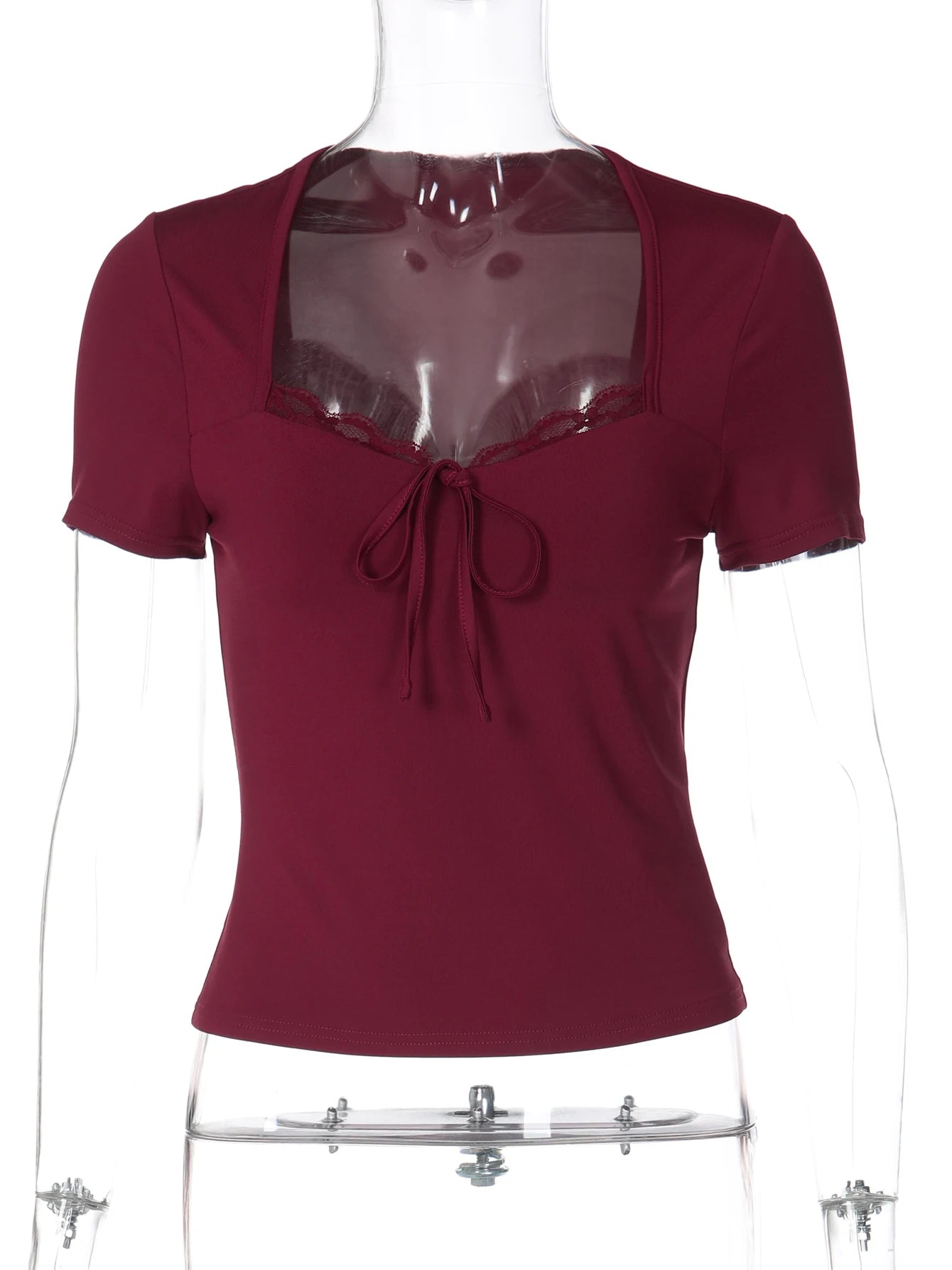 Hugcitar Fashion Square Collar Patchwork Lace Short Sleeve Sexy Solid Crop T-Shirt Top Summer Women Clothes Streetwear Party