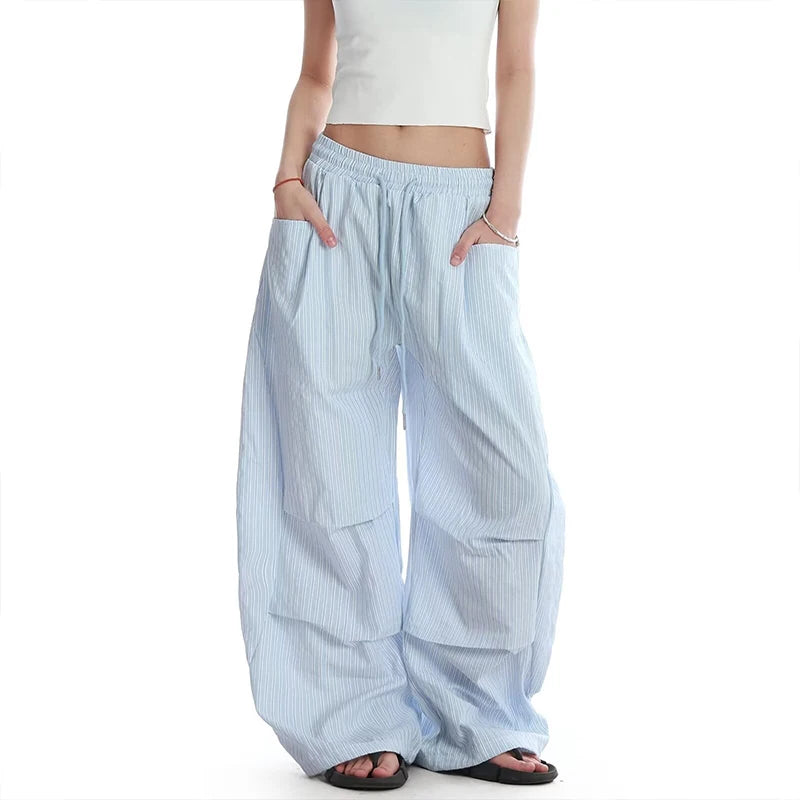 Y2K Striped Pants Contrast Low Waist Wide Leg Straight Floor Length Loose Casual for Women Summer