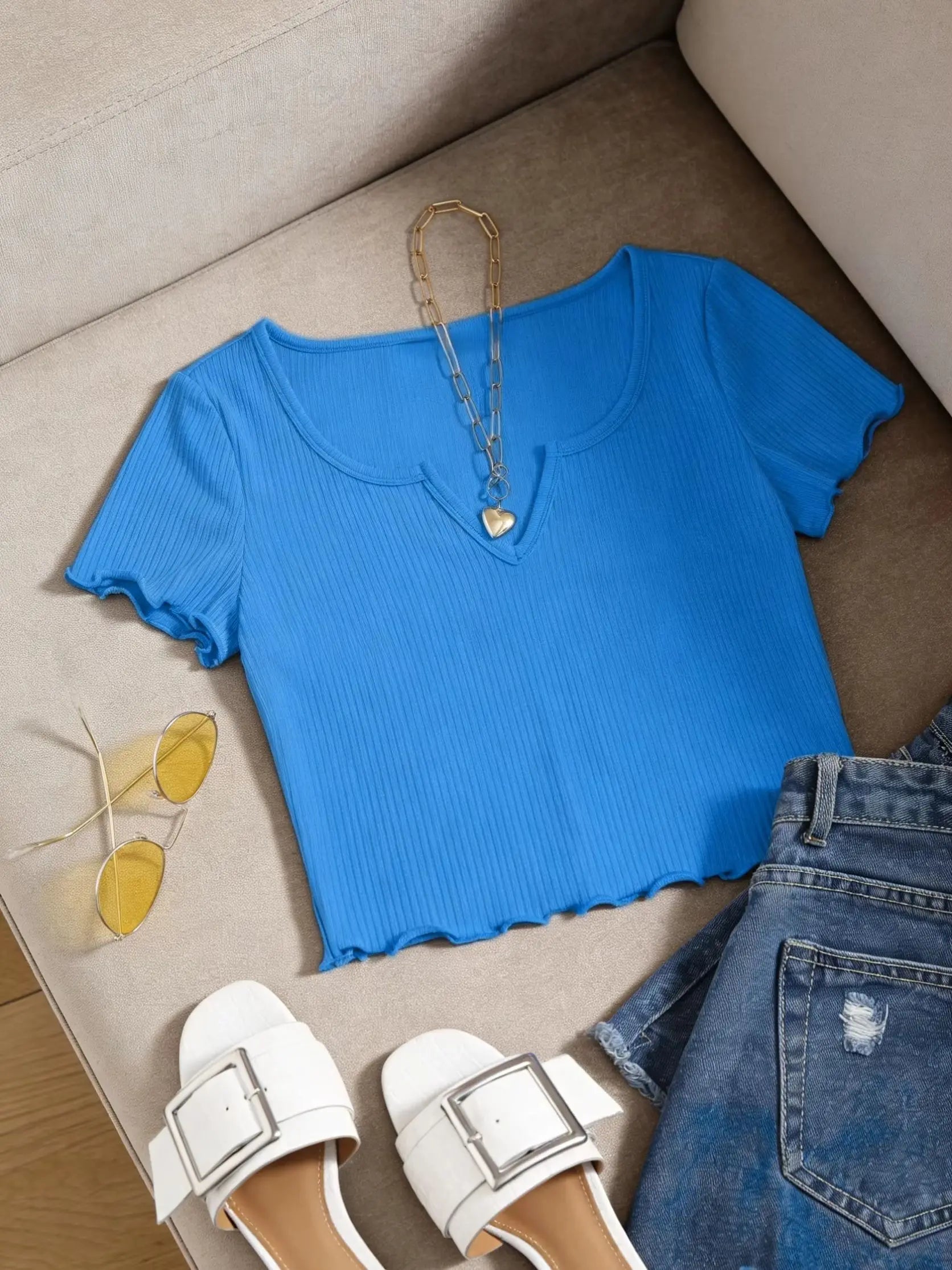 Women Bright Blue Ribbed Knit U-Neck Notch Front Ruffle Trim Short Sleeve Crop Top Casual Slim Fit Form Fitting T-Shirt For Dail