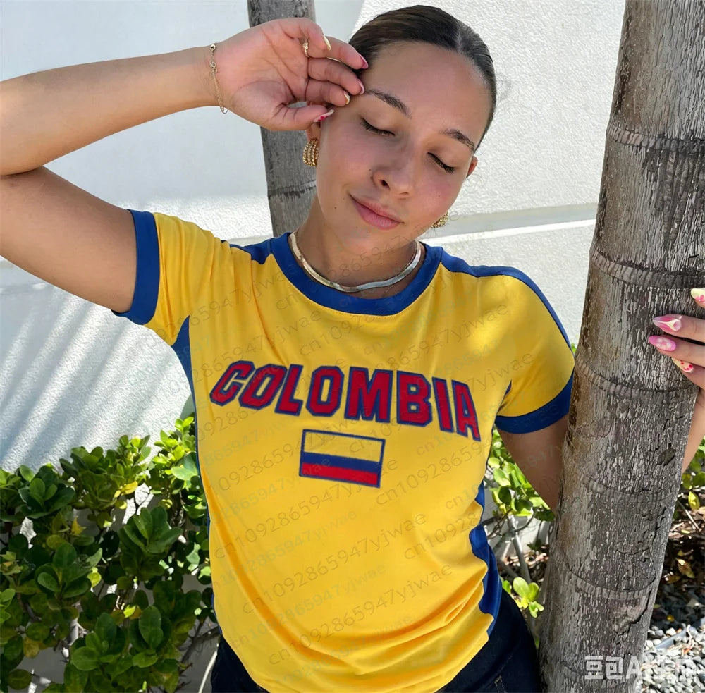 Colombia Y2k Football Jersey O-Neck Fashionable Streetwear Short Sleeved Tee Versatile Casual Top Summer Women'S T-Shirt