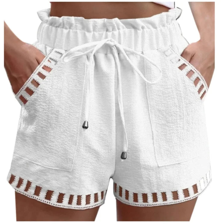 Cotton Linen Shorts Women'S Pants Solid Color Thin Hollow Out Design Trim Pocket Tight Waist Shorts Beachwear White Clothes