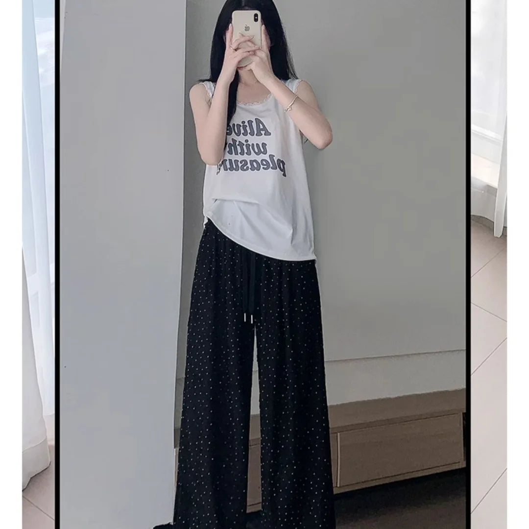 Y2k Streetwear Hot Diamonds Wide-legged Pants Grunge Hole Women Clothing High Waisted Baggy Straight Pants Design Chic Trouser