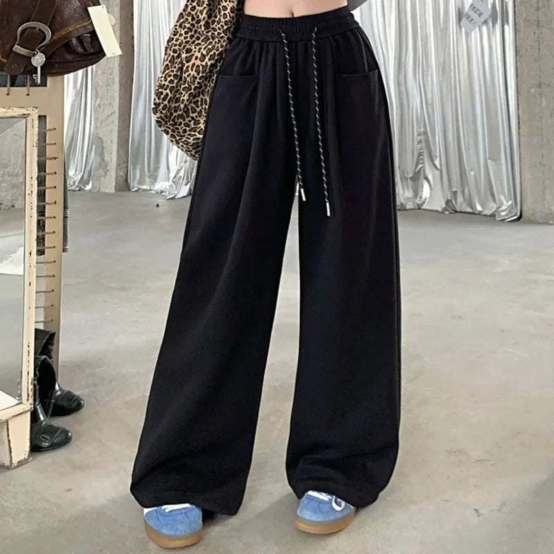 Autumn Women Chic Gray Navy Blue Loose High Waisted Long Pants Lady Korean Style Versatile Drawstring Wide Leg Baggy Trousers