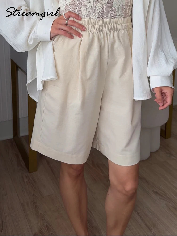 Summer White Bermuda Shorts For Women Loose A Line Lyocell Long Shorts Baggy Lady High Waist Women's Navy Wide Leg Shorts Cotton