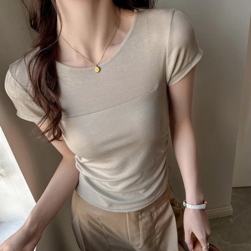 Fanan Summer Basic Round Neck Tshirts Women Solid Color Slim Fit Short Sleeve T Shirt Woman Waist Drawstring Design Tees Female