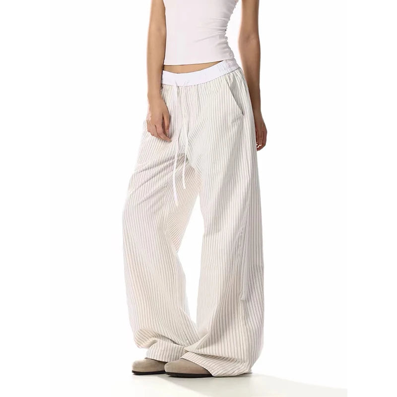 YIBASHU Vintage White Wide Leg Pants Women Y2K Japanese Streetwear Casual Scimitar Pants Harajuku Loose Pockets Straight Trouser