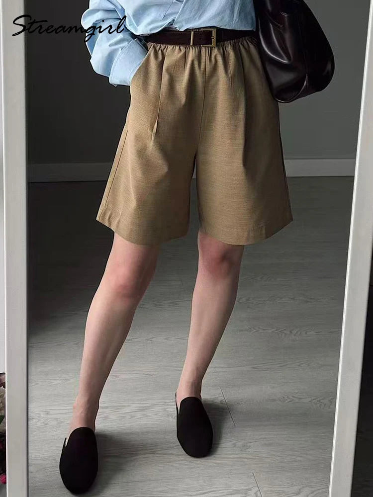 Summer White Bermuda Shorts For Women Loose A Line Lyocell Long Shorts Baggy Lady High Waist Women's Navy Wide Leg Shorts Cotton