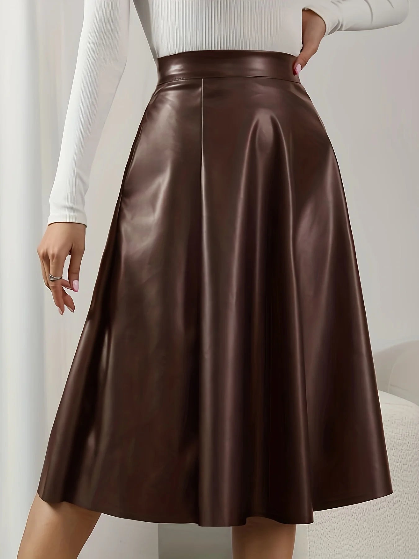 Retro Textured Pu Leather Skirt, High-Waisted A-Line Skirt, Casual and Versatile Women's Clothing