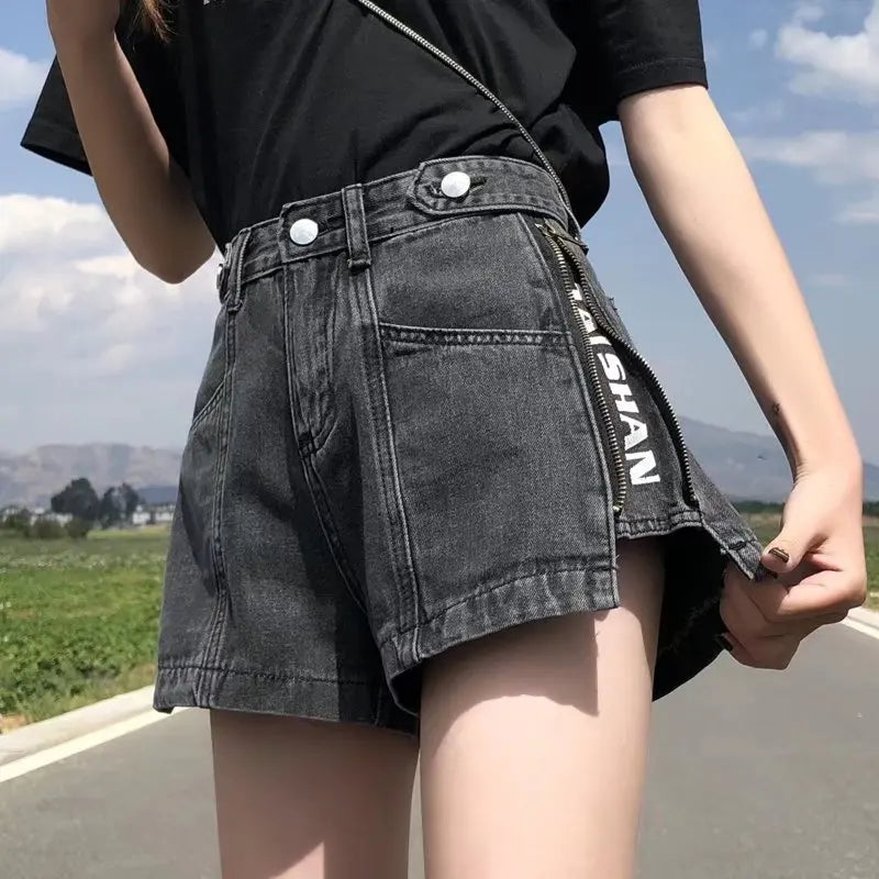 Women's Korean Y2K Black Denim Shorts Summer Thin High Waist A-Line Loose Wide Leg Slimming Hot Pants