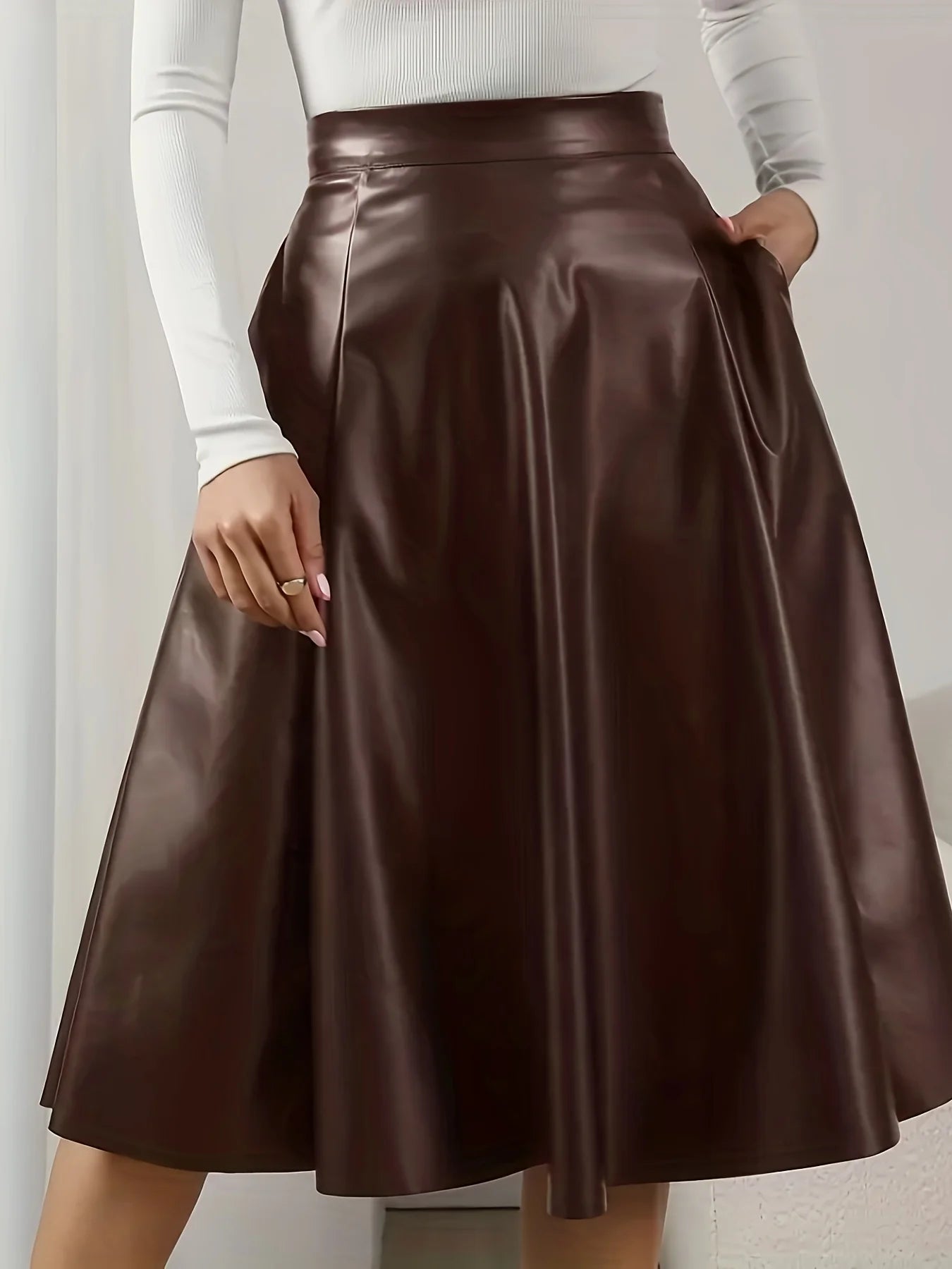 Retro Textured Pu Leather Skirt, High-Waisted A-Line Skirt, Casual and Versatile Women's Clothing