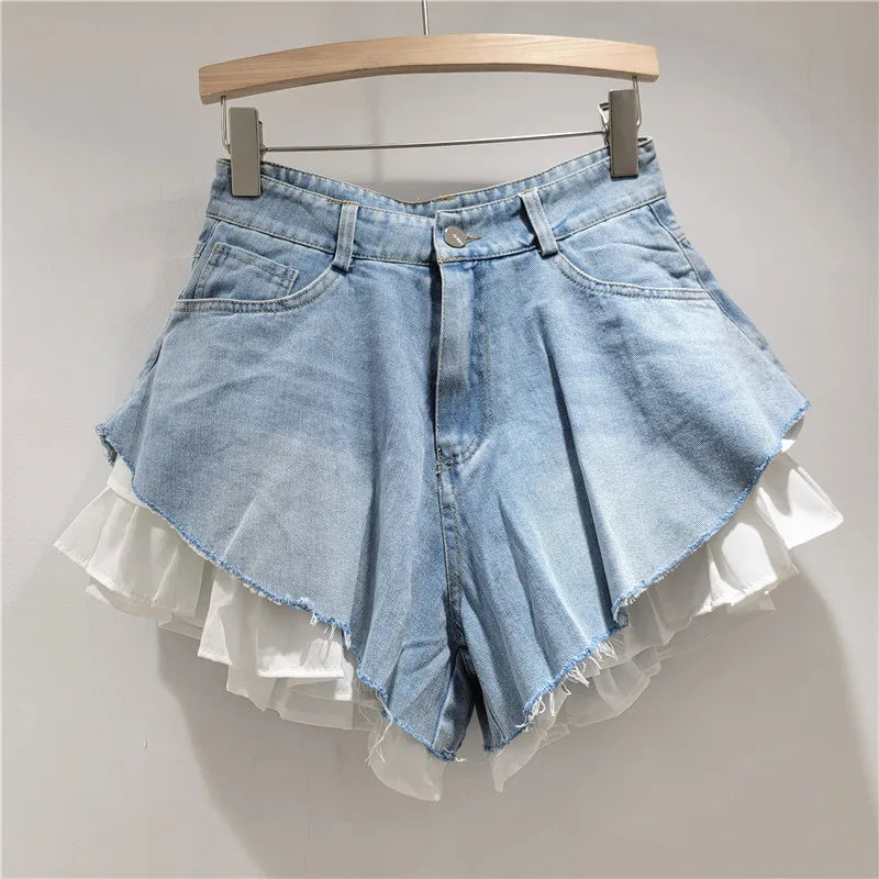Fashion 2025 Summer New Collection Multi Layer Ruffles Patchwork Light Blue Wide Leg Denim Shorts Women High-waist Short Jeans