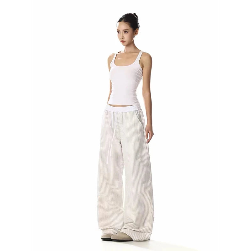 YIBASHU Vintage White Wide Leg Pants Women Y2K Japanese Streetwear Casual Scimitar Pants Harajuku Loose Pockets Straight Trouser