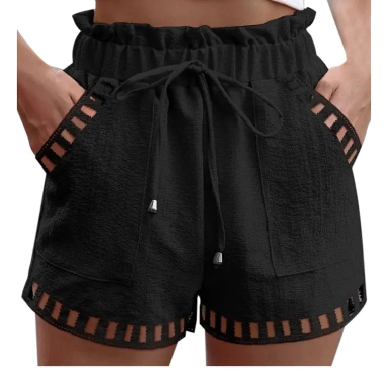 Cotton Linen Shorts Women'S Pants Solid Color Thin Hollow Out Design Trim Pocket Tight Waist Shorts Beachwear White Clothes