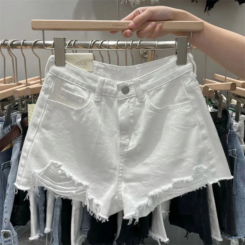 New Rough-edged Denim Shorts Women's Loose A-shaped Ripped Hot Pants High Waisted Shorts Womens Shorts Shorts Shorts for Women