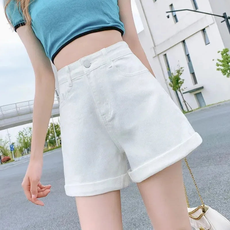 High-Waist Cuffed Denim Shorts Women Summer Korean Style Student Loose Slimming Outerwear A-Line Wide Leg Hot Pants Y2K Shorts