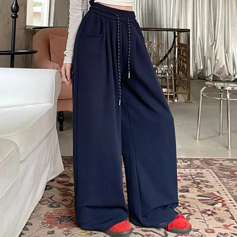 Autumn Women Chic Gray Navy Blue Loose High Waisted Long Pants Lady Korean Style Versatile Drawstring Wide Leg Baggy Trousers