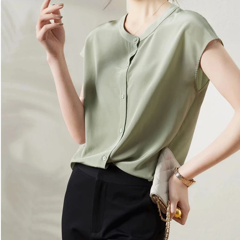 Office Lady Button Simplicity Shirt Tops Short Sleeve Thin Solid Loose Elegant Blouse Summer New Fashion Vintage Women Clothing