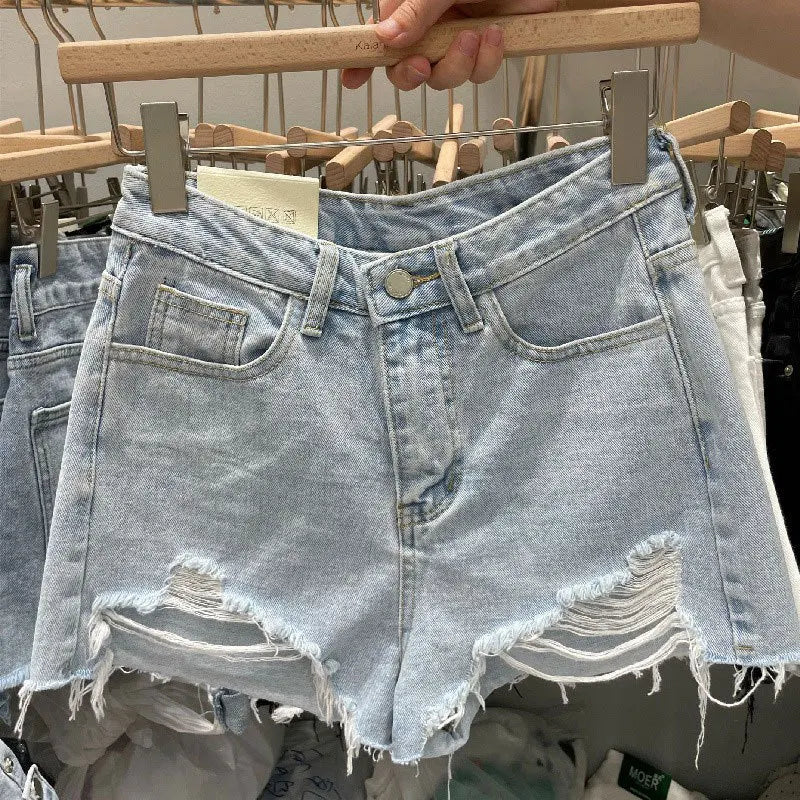 New Rough-edged Denim Shorts Women's Loose A-shaped Ripped Hot Pants High Waisted Shorts Womens Shorts Shorts Shorts for Women
