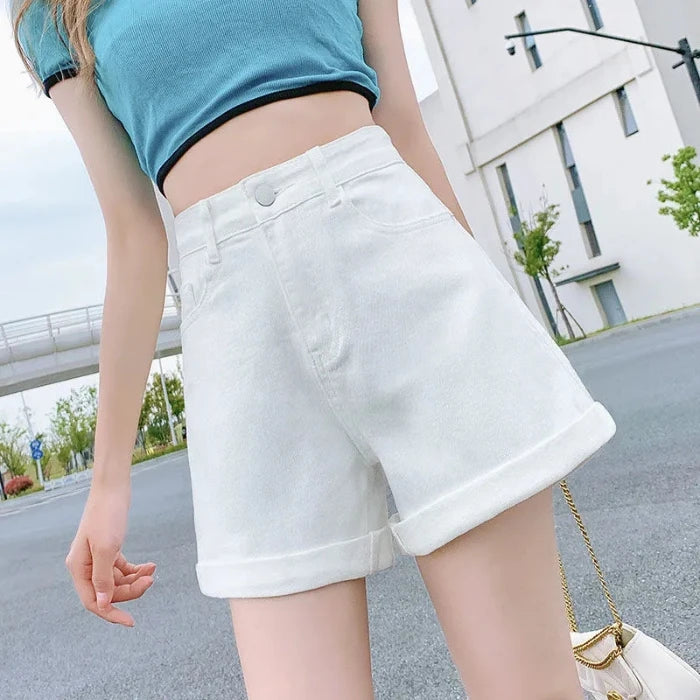 High-Waist Cuffed Denim Shorts Women Summer Korean Style Student Loose Slimming Outerwear A-Line Wide Leg Hot Pants Y2K Shorts