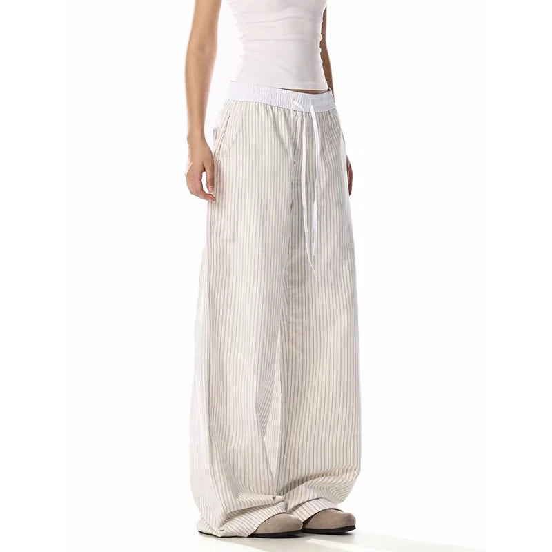 YIBASHU Vintage White Wide Leg Pants Women Y2K Japanese Streetwear Casual Scimitar Pants Harajuku Loose Pockets Straight Trouser