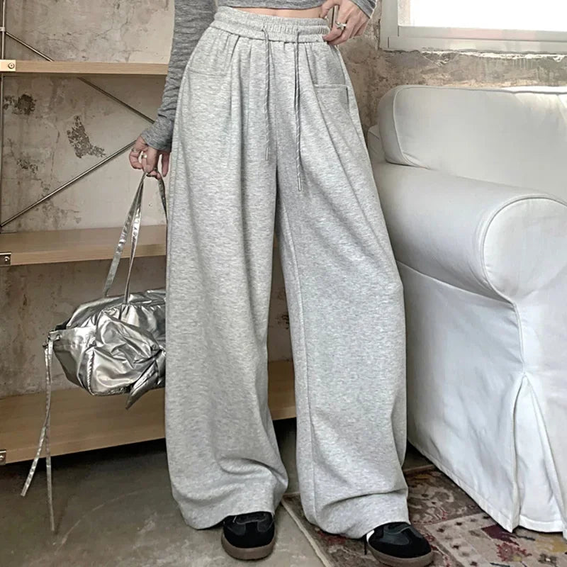 Autumn Women Chic Gray Navy Blue Loose High Waisted Long Pants Lady Korean Style Versatile Drawstring Wide Leg Baggy Trousers