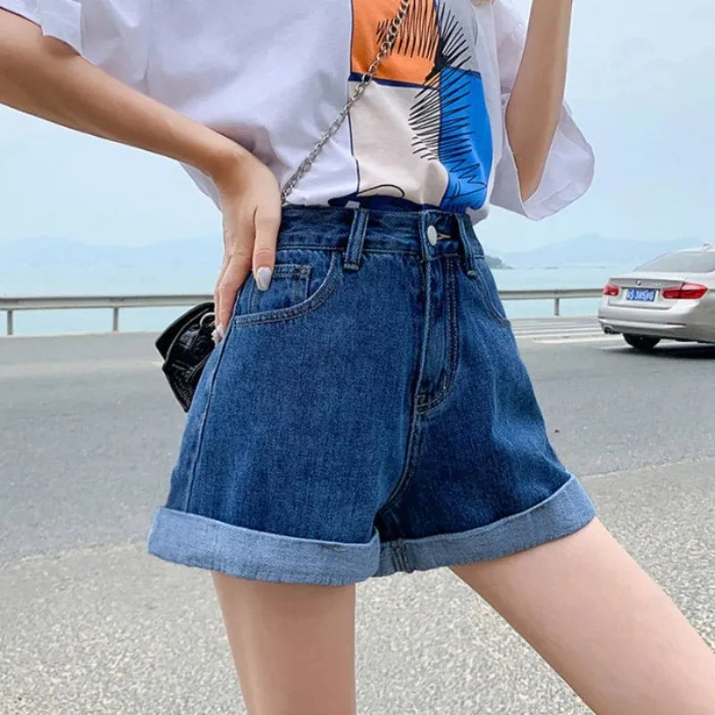 High-Waist Cuffed Denim Shorts Women Summer Korean Style Student Loose Slimming Outerwear A-Line Wide Leg Hot Pants Y2K Shorts