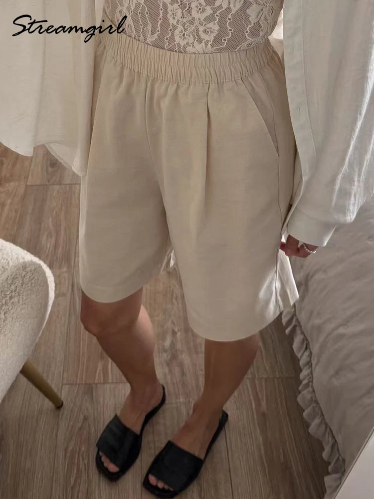 Summer White Bermuda Shorts For Women Loose A Line Lyocell Long Shorts Baggy Lady High Waist Women's Navy Wide Leg Shorts Cotton