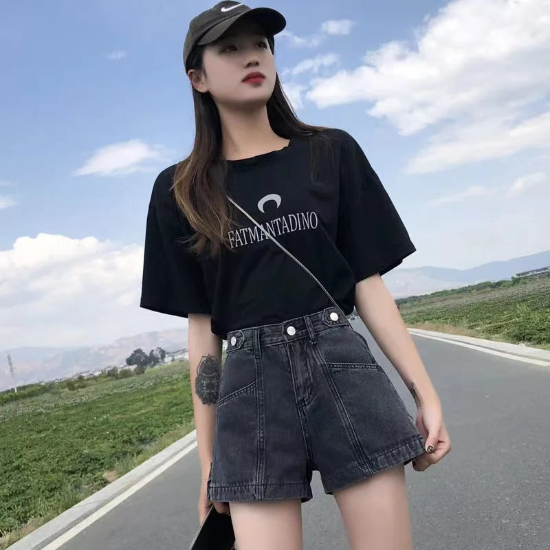 Women's Korean Y2K Black Denim Shorts Summer Thin High Waist A-Line Loose Wide Leg Slimming Hot Pants