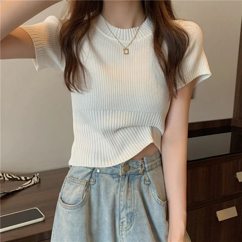Spring Summer Casual Short Sleeve Crop Tops Knitted T-Shirt Women Pullover Shirts Tops Female Elastic Slim Knit Tee T-Shirts