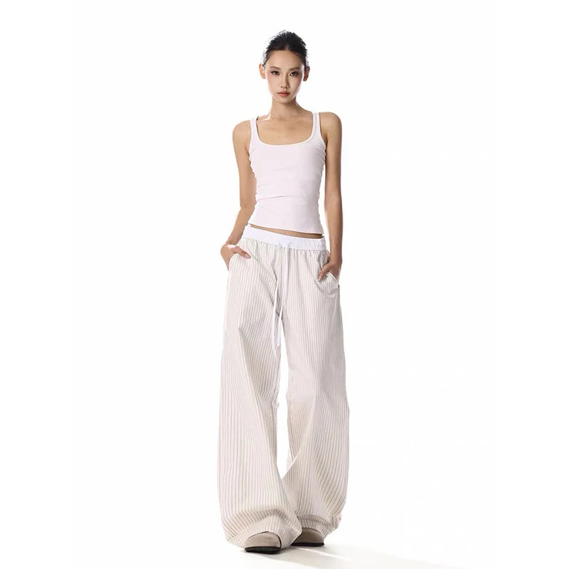 YIBASHU Vintage White Wide Leg Pants Women Y2K Japanese Streetwear Casual Scimitar Pants Harajuku Loose Pockets Straight Trouser