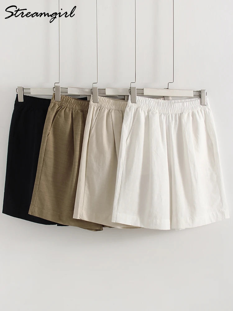 Summer White Bermuda Shorts For Women Loose A Line Lyocell Long Shorts Baggy Lady High Waist Women's Navy Wide Leg Shorts Cotton