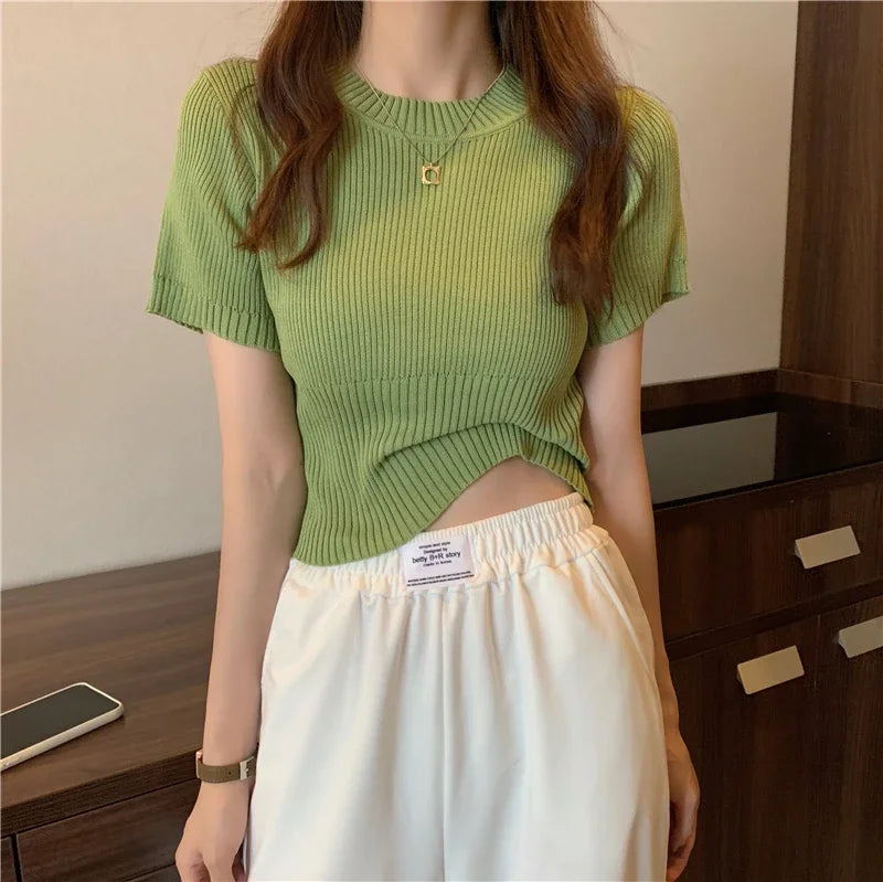 Spring Summer Casual Short Sleeve Crop Tops Knitted T-Shirt Women Pullover Shirts Tops Female Elastic Slim Knit Tee T-Shirts