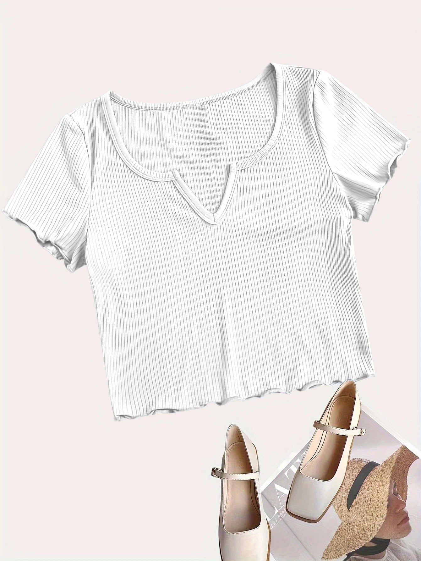 Women Bright Blue Ribbed Knit U-Neck Notch Front Ruffle Trim Short Sleeve Crop Top Casual Slim Fit Form Fitting T-Shirt For Dail