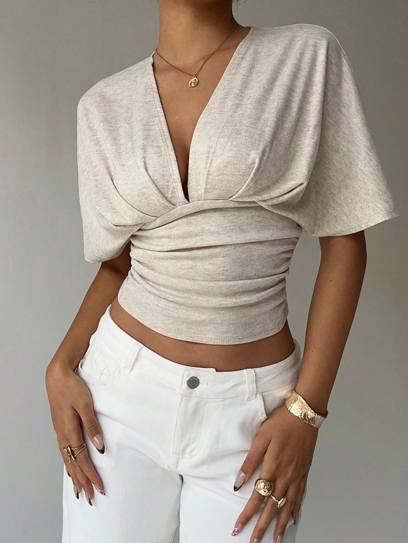 Women's Summer Apricot Deep V-Fold Short Sleeve Tight fitting Women's T-shirt