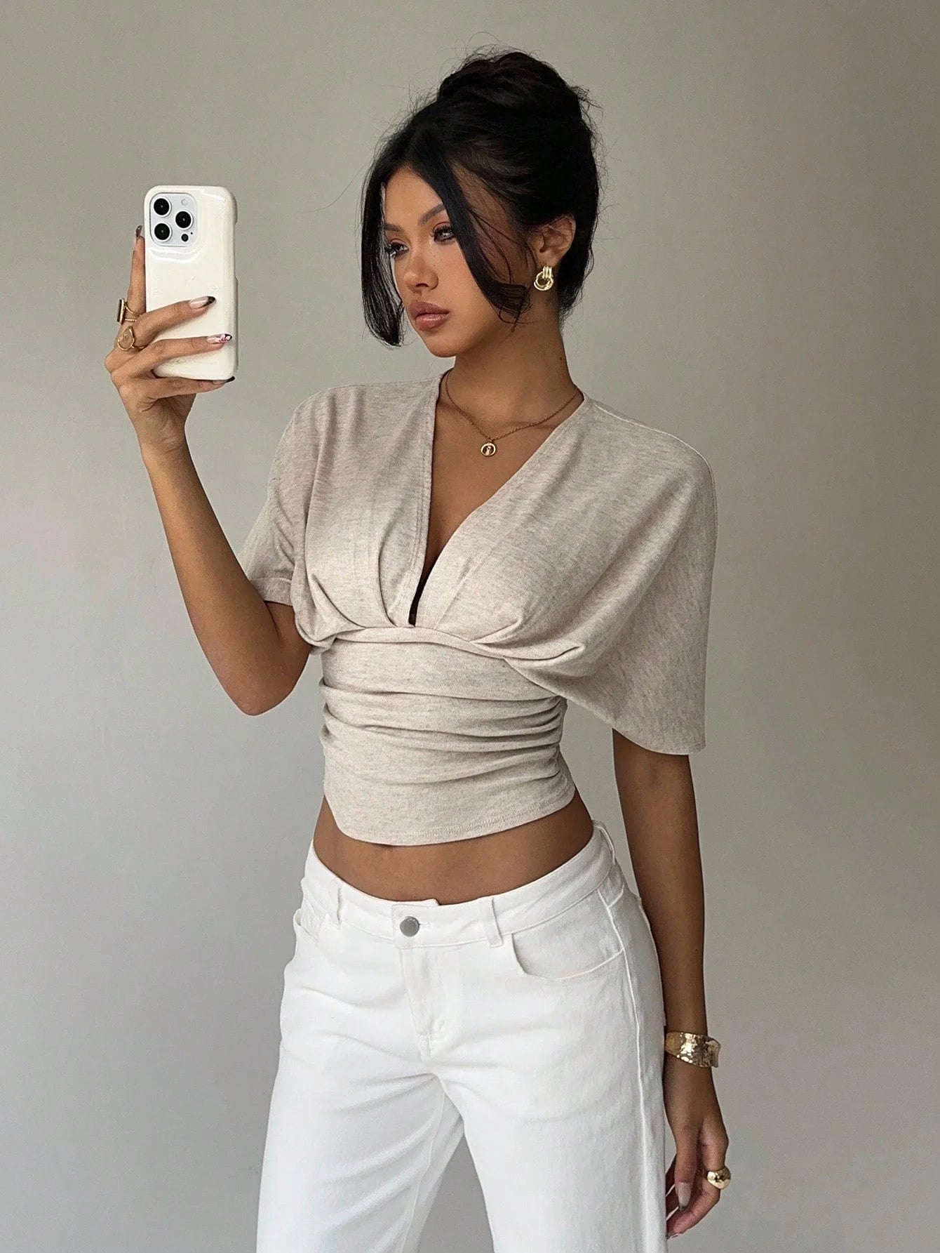 Women's Summer Apricot Deep V-Fold Short Sleeve Tight fitting Women's T-shirt
