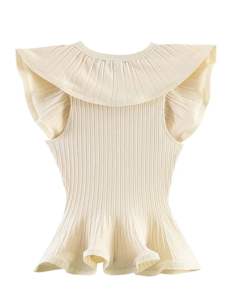 HH Women Summer Spring Minimal Breathable Cream Ribbed Knit Peplum Top Crew Neck Ruffle Flutter Sleeve Slim Fit Casual Knitwear