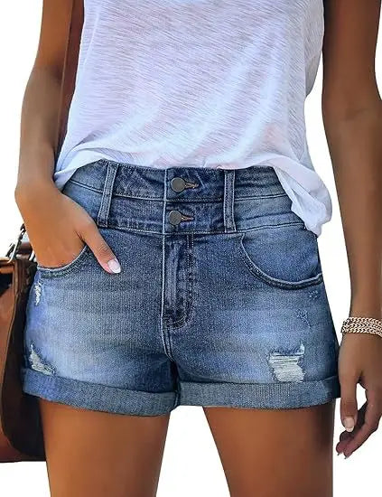 Summer Students Denim Shorts Female Harajuku Hole Jeans Elastic Waist Double Button Pocket Skinny Trousers Short Micro Pants